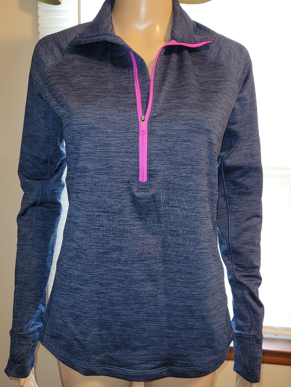 Under Armour Navy Heather Quarter-Zip Pullover with Pink Trim & Thumb Holes.
